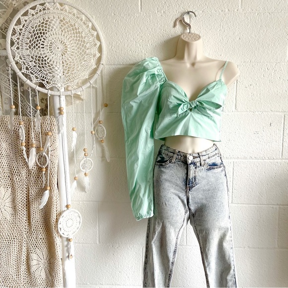NWT Zara One Puff Shoulder Green Crop Top - Picture 8 of 16